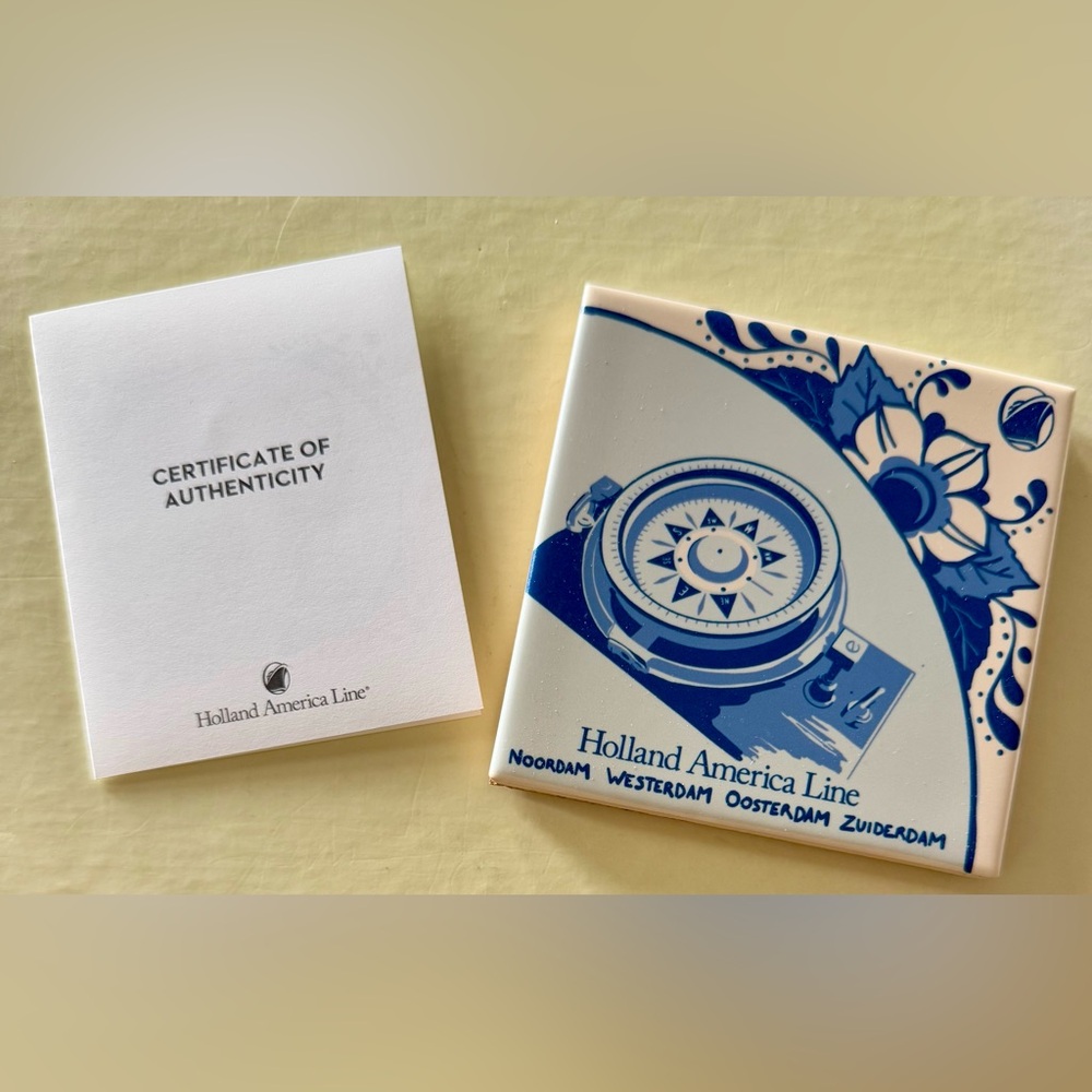 Holland America Cruise Line Blue and White Ceramic 4 inch Tile with Compass New